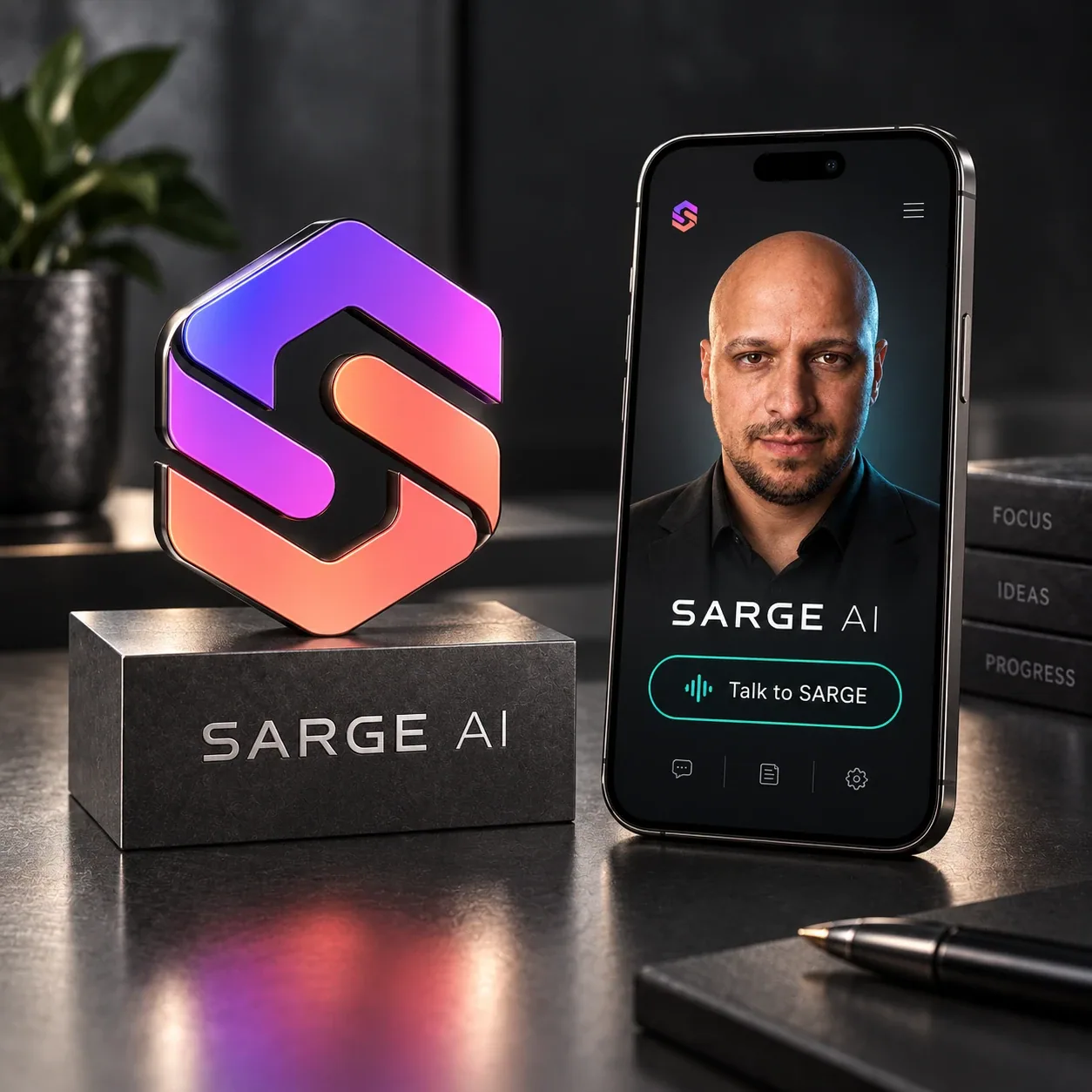 AI-generated SARGE brand concept with styled desk props