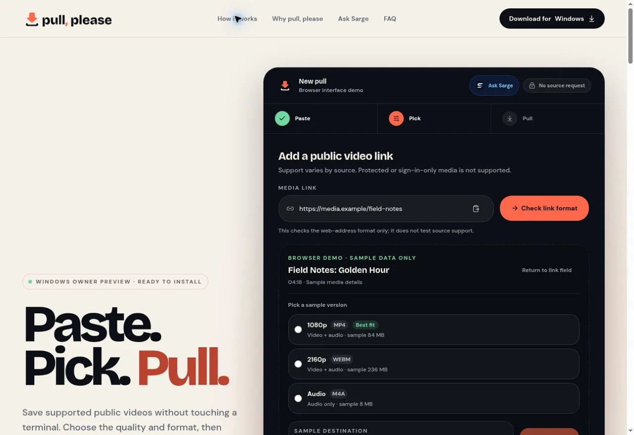 Pull, please website showing its desktop workflow and browser interface demo