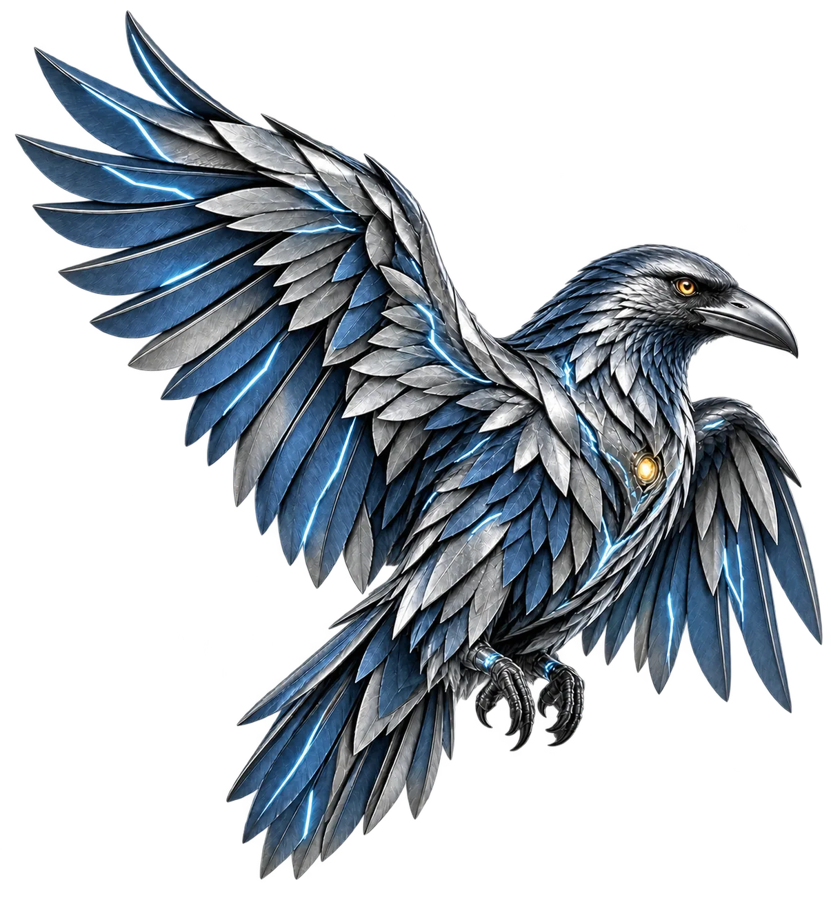 AIHanced current silver-blue raven artwork with amber accents