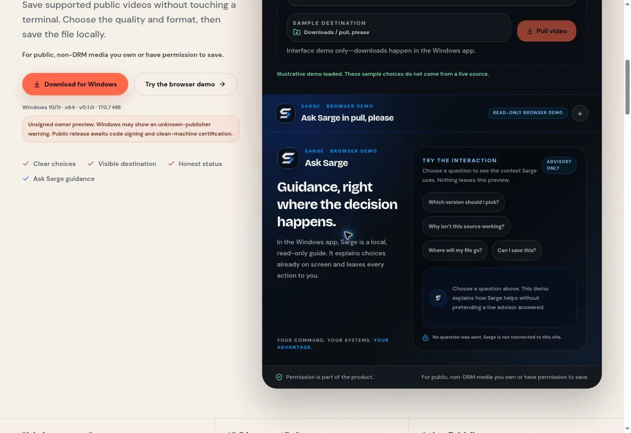 pull-please: Browser demo · Sarge guidance captured from the live website