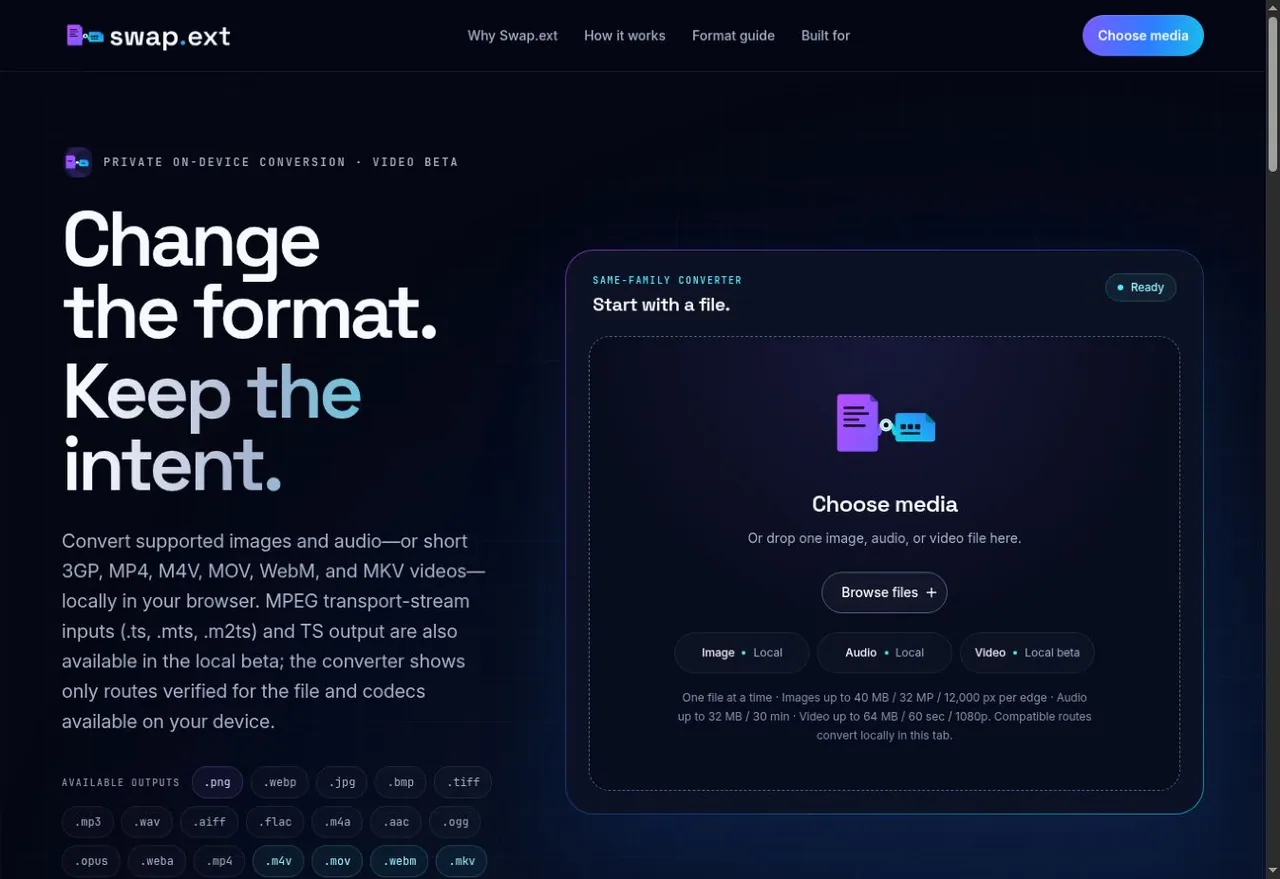 Swap.ext private media conversion workspace for image, audio, and short video files