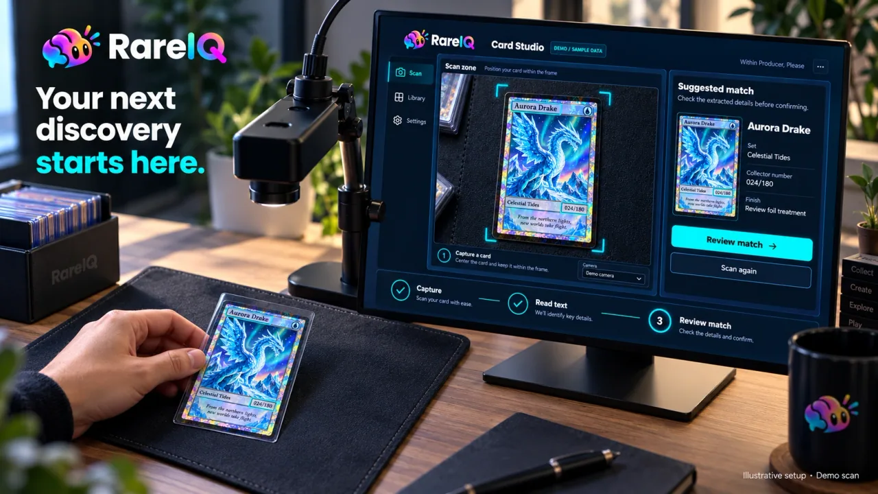 RareIQ supplied marketing image showing a collectible card beside its camera and Card Studio display