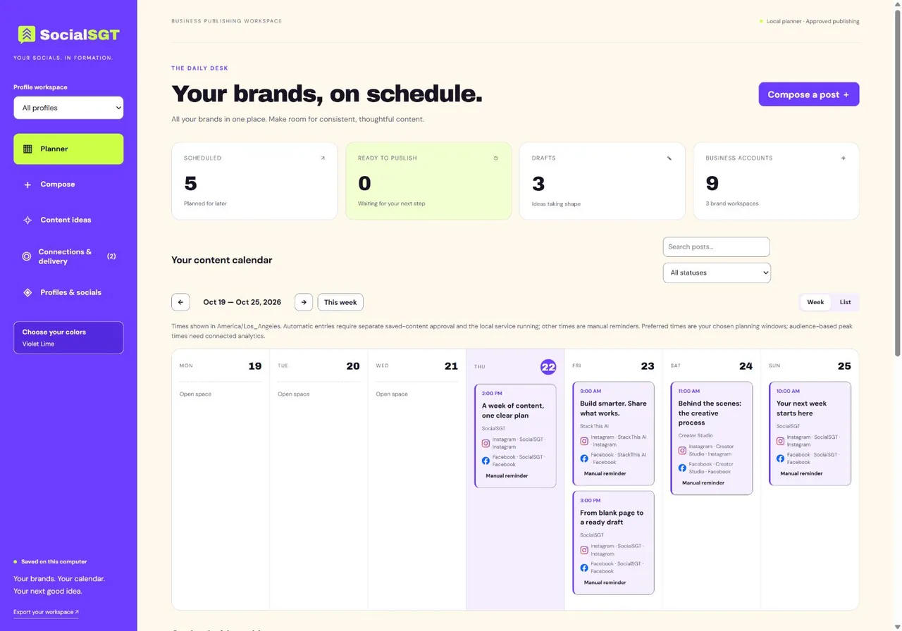 SocialSGT planner screenshot with sample brand calendars and manual reminders