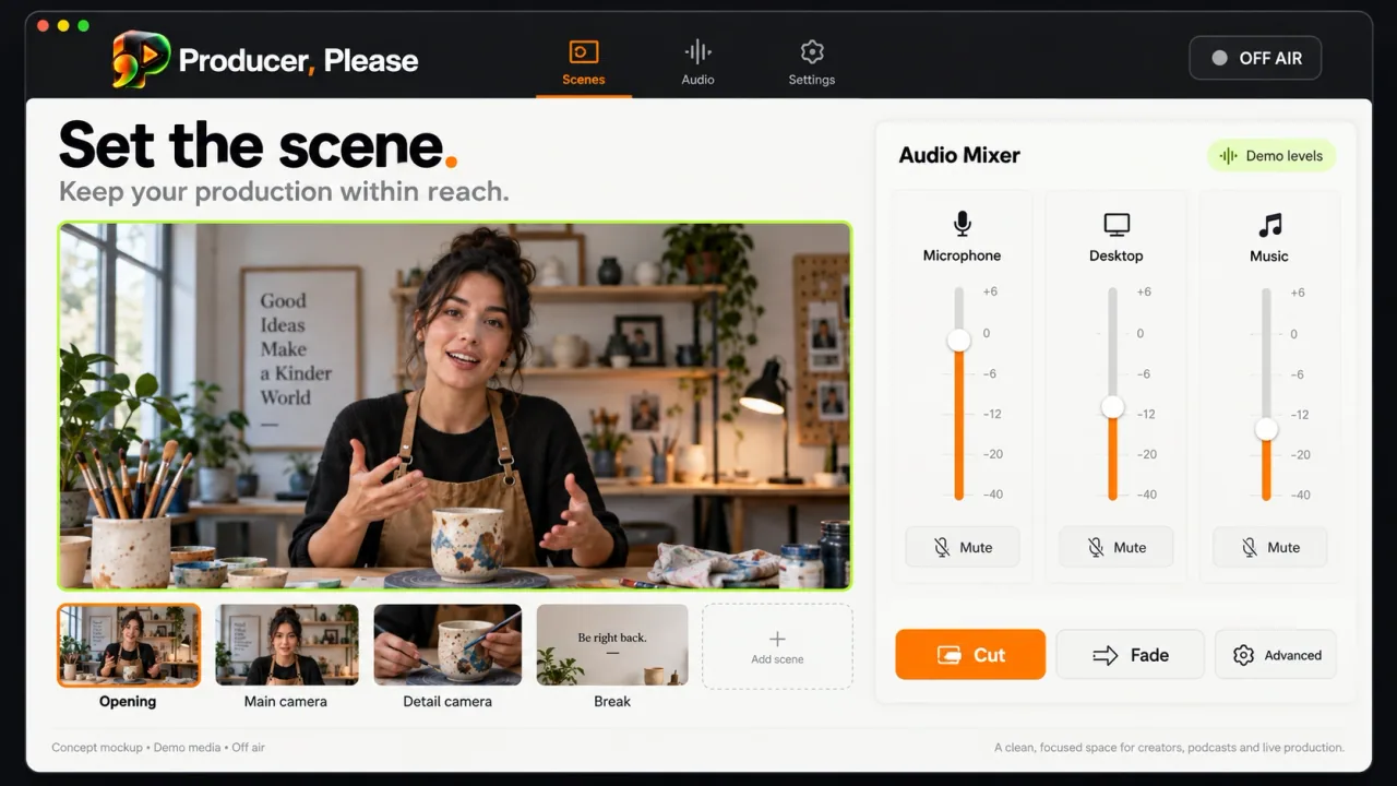 Producer, Please light workspace audio and scenes concept
