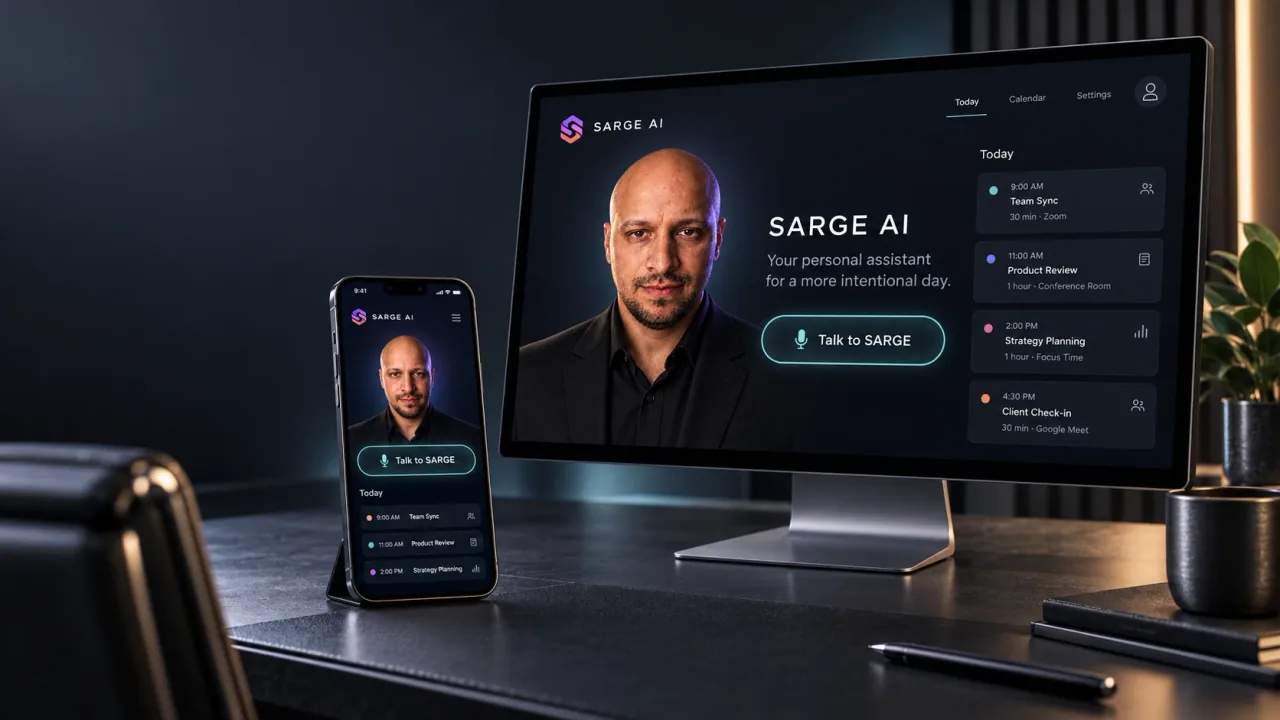 AI-generated SARGE concept showing desktop and mobile assistant interfaces