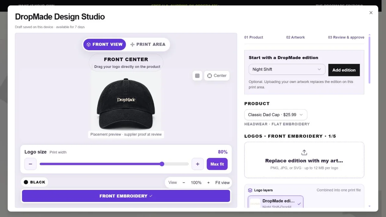 DropMade Design Studio with a Night Shift cap placement preview