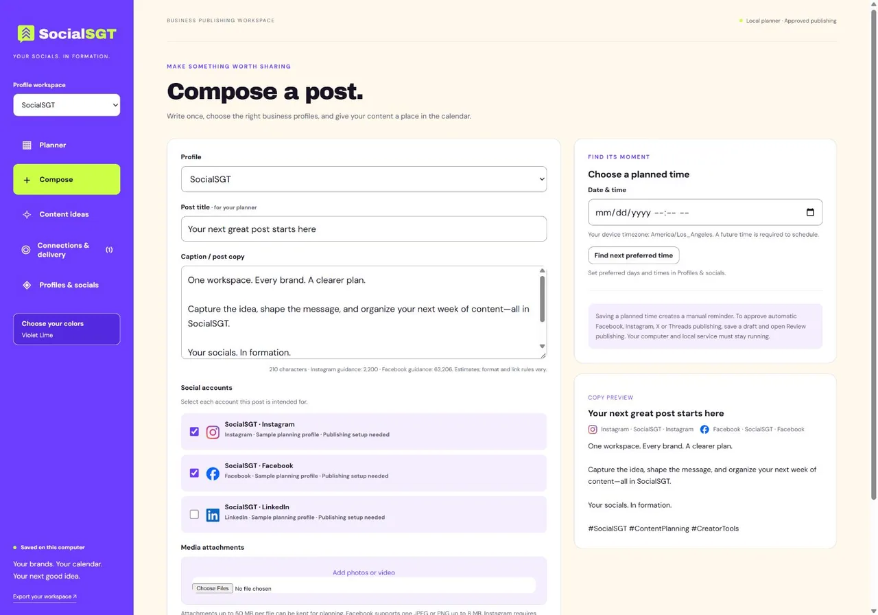SocialSGT composer screenshot with sample caption and intended planning accounts