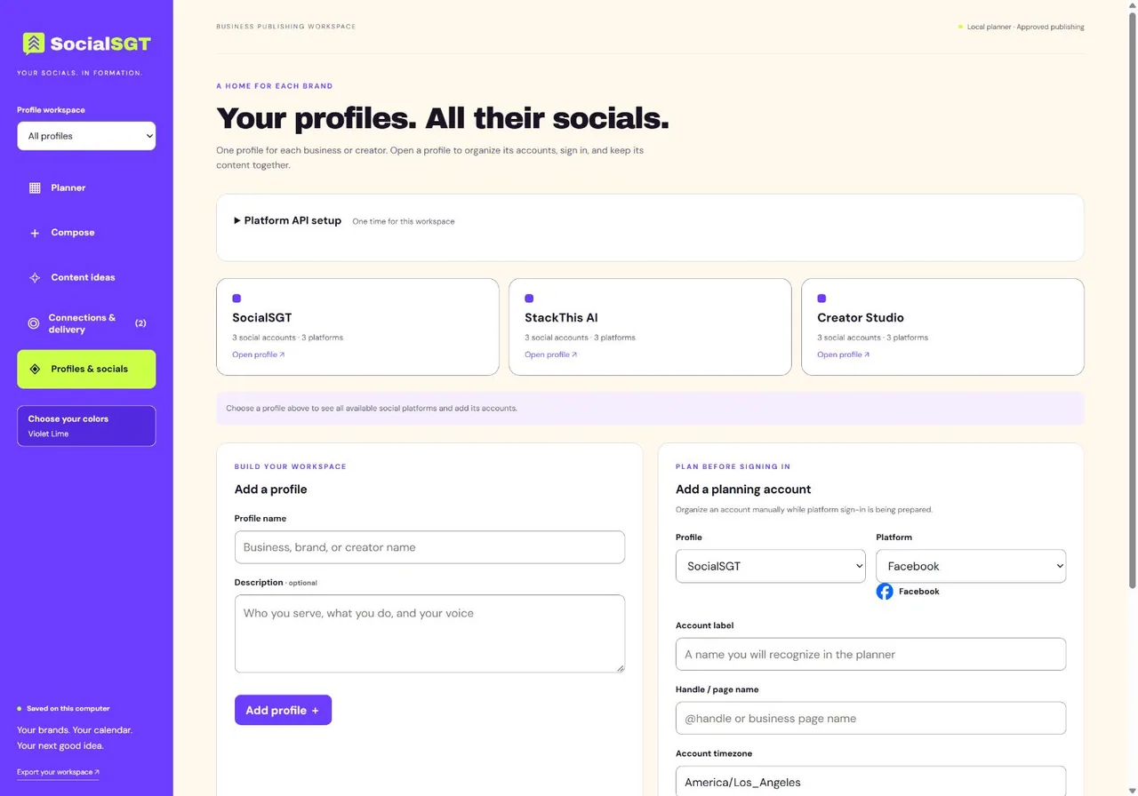 SocialSGT brand profiles and sample social account labels