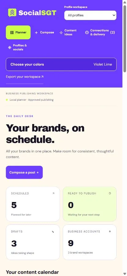 SocialSGT mobile planner showing sample workspace counts