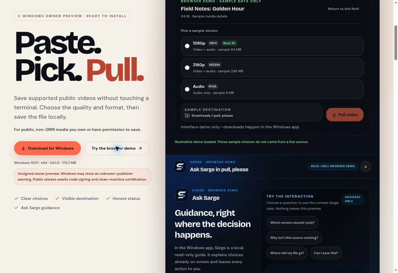 pull-please: Browser demo · sample format choices captured from the live website