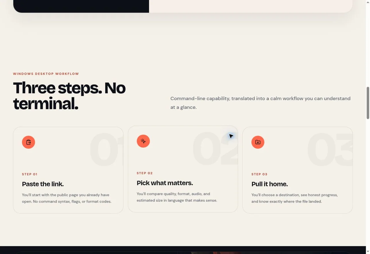 pull-please: Three-step desktop workflow captured from the live website