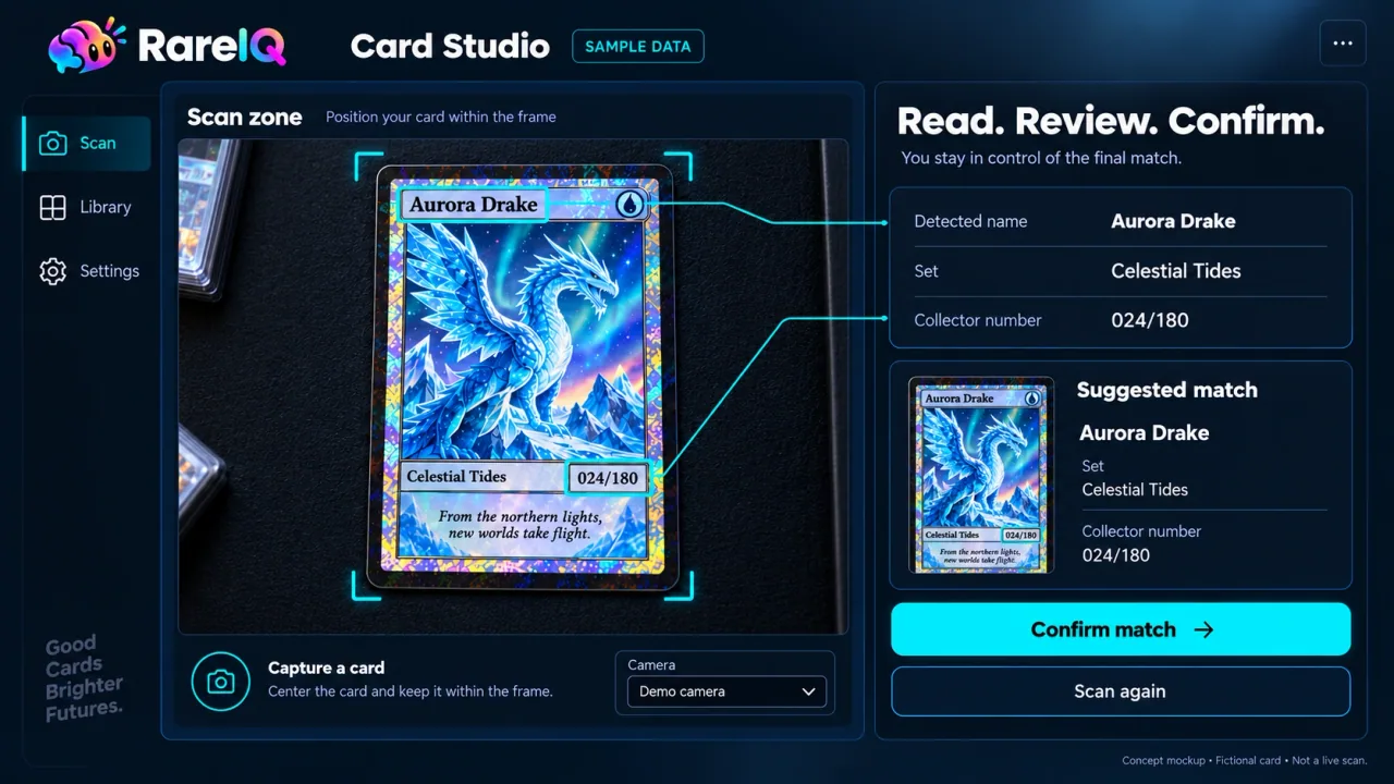 RareIQ Card Studio concept showing scan, review, and confirm