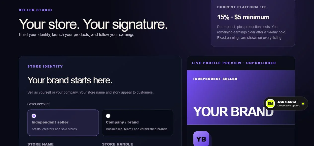 DropMade creator store identity setup and unpublished profile preview