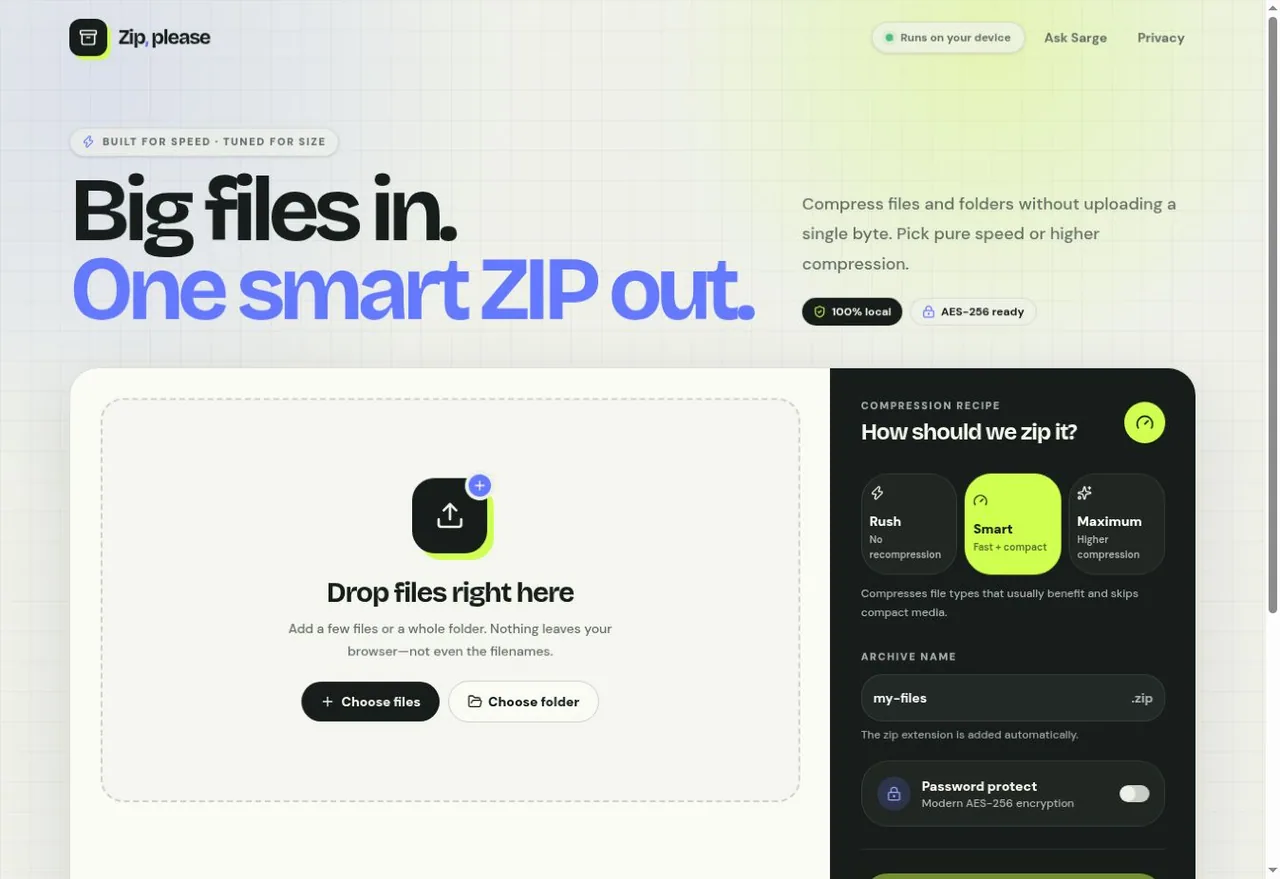 Zip, please private file compressor with local file drop zone and selectable compression recipes