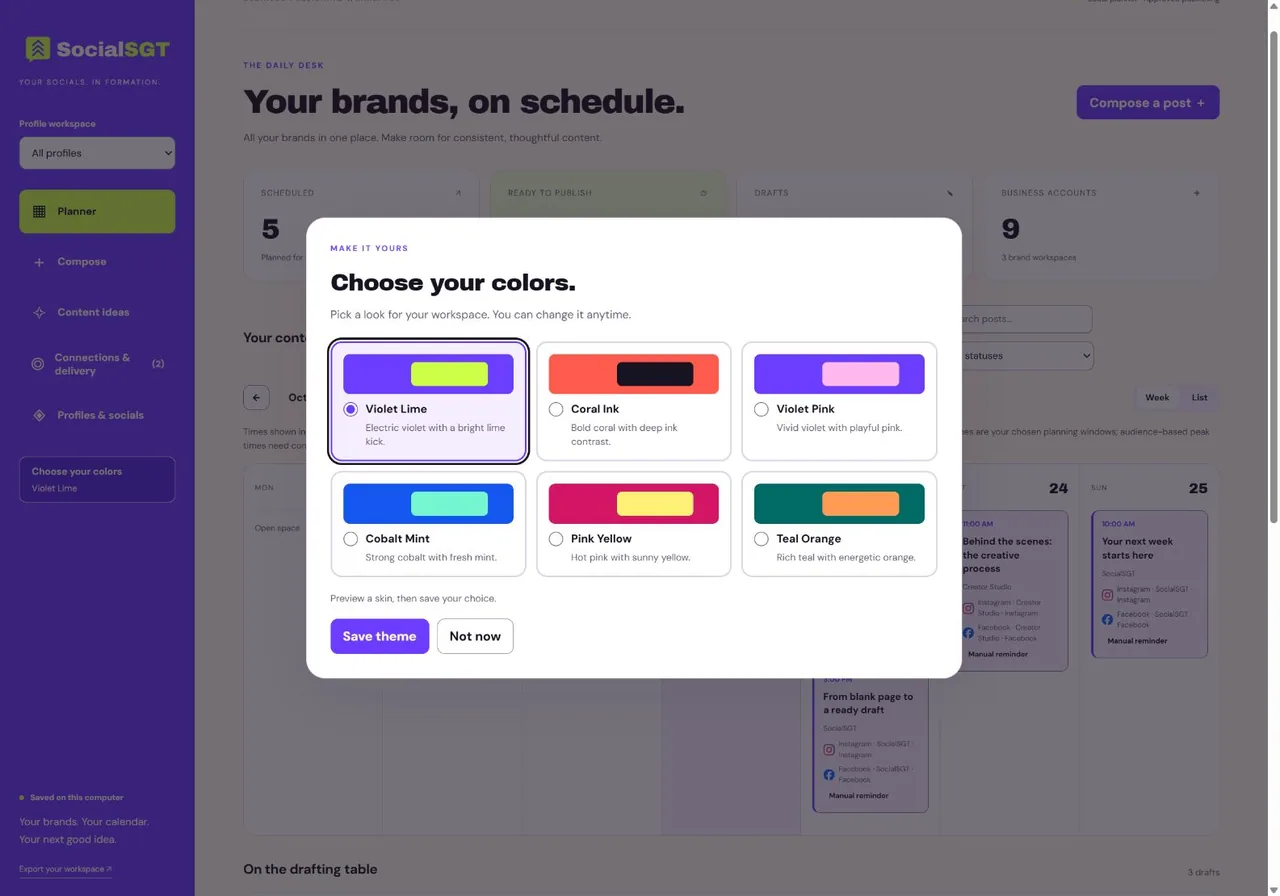 SocialSGT chooser showing six workspace color themes