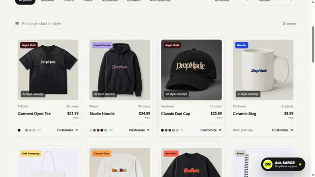 DropMade product catalog with collection and category filters