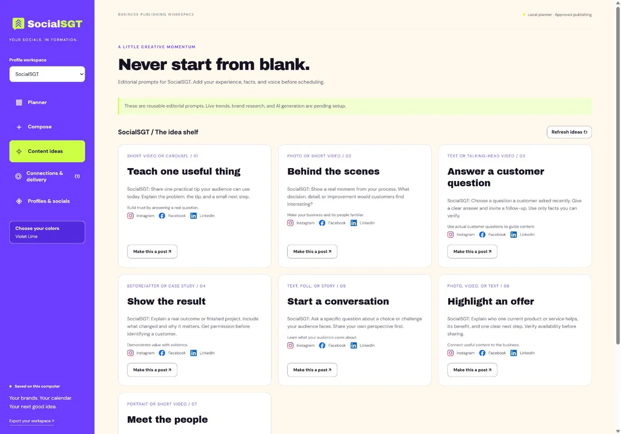 SocialSGT editable editorial prompts with sample content