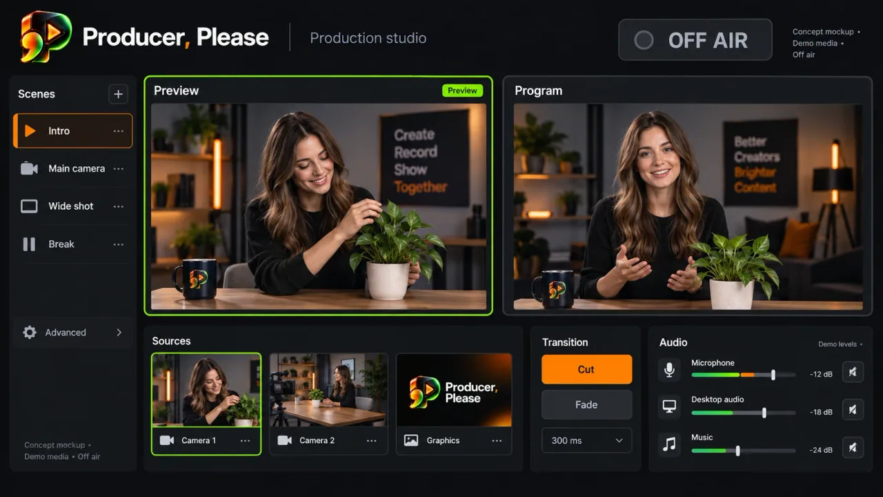 Producer, Please supplied concept of scenes, preview and program panes, sources, and audio controls